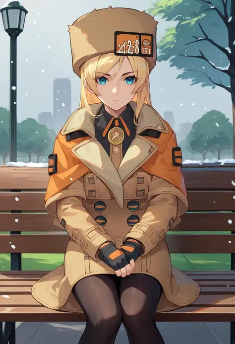score_9, score_8_up, score_7_up, source_anime, solo, 1girl, strivemillia, expressionless, looking at viewer, sitting, park bench, fur hat, brown coat, jacket, long sleeves, fingerless gloves, black pantyhose, snowing, outdoors <lora:ggstrive_milliarage_ponyXL:1>