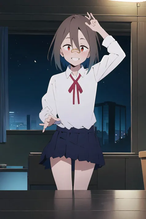 masterpiece, best quality, looking at viewer, facing viewer, nice hands, perfect hands, <lora:GoodHands-vanilla:1>, (night:1.3), low key, <lora:LowRA:0.7>, excited, happy, joyful, (blush), smile, wide windows, living room, 1girl, solo, serufu, red eyes, collared shirt, neck ribbon, short hair, blue skirt, school uniform, white shirt, (bandaid on nose), brown hair, <lora:yua_serufu-10:0.7>