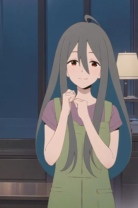 masterpiece, best quality, looking at viewer, facing viewer, nice hands, perfect hands, <lora:GoodHands-vanilla:1>, (night:1.3), low key, <lora:LowRA:0.7>, excited, happy, joyful, (blush), smile, wide windows, living room, 1girl, solo, serufu mother, long hair, brown hair, green apron, red eyes, purple shirt, <lora:serufu_mother-09:0.7>