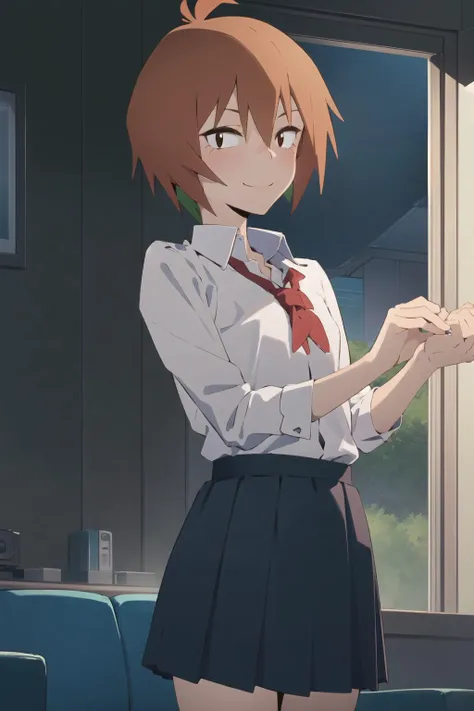 masterpiece, best quality, looking at viewer, facing viewer, nice hands, perfect hands, <lora:GoodHands-vanilla:1>, (night:1.3), low key, <lora:LowRA:0.7>, excited, happy, joyful, (blush), smile, wide windows, living room, 1girl, solo,<lora:rie-09:0.7>, rie, short hair, white shirt, orange hair, collared shirt, school uniform, brown eyes, blue skirt