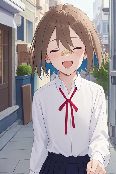 1girl, (masterpiece:1.2), highres, high quality, (perfect face and eyes:1.3), (textured skin:1.2), (solo), original, (wallpaper), serufu, red eyes, collared shirt, neck ribbon, short hair, blue skirt, school uniform, white shirt, (bandaid on nose), brown hair, <lora:yua_serufu-10:0.7>, walking, street, happy, closed eyes, open mouth