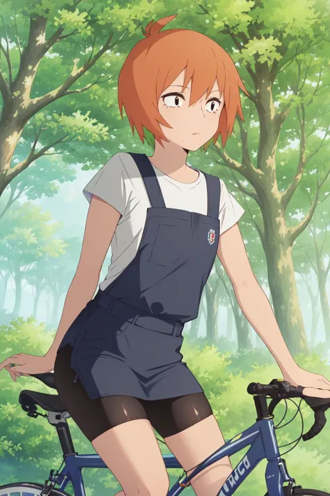 1girl, (masterpiece:1.3), highres, high quality, highres, ultra-detailed, best quality, (perfect face and eyes:1.2), (textured skin:1.2), (pixiv), (solo),<lora:rie-09:0.7> , rie, short hair, white shirt, orange hair, collared shirt, school uniform, brown eyes, blue skirt, apron, bike shorts, bicycle, street, trees