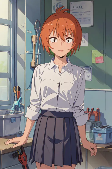 1girl, (masterpiece:1.3), highres, high quality, highres, ultra-detailed, best quality, (perfect face and eyes:1.2), (textured skin:1.2), (pixiv), (solo),<lora:rie-09:0.7> , rie, short hair, white shirt, orange hair, collared shirt, school uniform, brown eyes, blue skirt, standing, room, (tools:1.2), <lora:more_details:0.5>