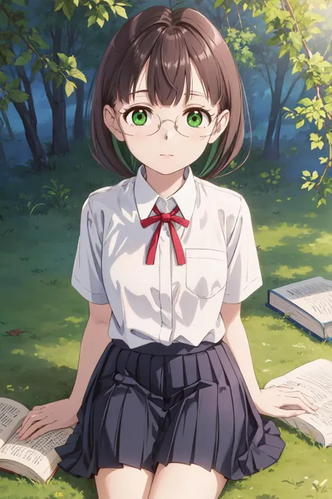 1girl, (masterpiece:1.3), highres, high quality, highres, ultra-detailed, best quality, (perfect face and eyes:1.2), (textured skin:1.2), (pixiv), (solo),<lora:takumi-08:0.7> , takumi, school uniform, glasses, white shirt, green eyes, brown hair, collared shirt, short sleeves, neck ribbon, braid, blue skirt, under a tree, sitting, book, reading, <lora:more_details:0.5>
