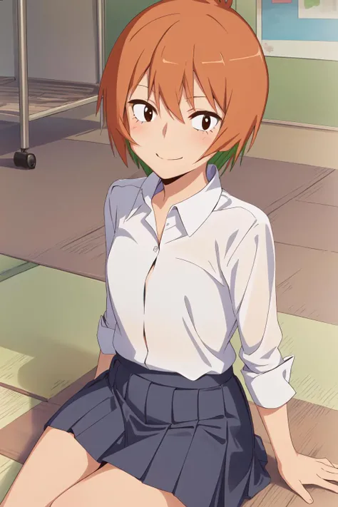 1girl, (masterpiece:1.3), highres, high quality, highres, ultra-detailed, best quality, (perfect face and eyes:1.2), (textured skin:1.2), (pixiv), (solo),<lora:rie-09:0.7> , rie, short hair, white shirt, orange hair, collared shirt, school uniform, brown eyes, blue skirt, sitting on floor, japanese room, girl room, blush, nervous smile, <lora:more_details:0.5>