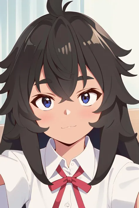 1girl, (masterpiece:1.3), highres, high quality, highres, ultra-detailed, best quality, (perfect face and eyes:1.2), (textured skin:1.2), (pixiv), (solo), <lora:kokoro-09:0.7>, kokoro, black hair, white shirt, black eyes, school uniform, neck ribbon, collared shirt, messy hair, brown hair, (dark skin:1.1), looking at viewer, :3, room, (selfie:1.3), (pov)