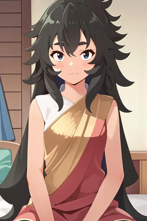 1girl, (masterpiece:1.3), highres, high quality, highres, ultra-detailed, best quality, (perfect face and eyes:1.2), (textured skin:1.2), (pixiv), (solo), <lora:kokoro-09:0.7>, kokoro, black hair, black eyes, messy hair, brown hair, (dark skin:1.1), (looking at viewer), :3, indian style, indian clothes, room, dynamic pose