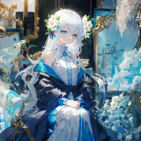 [(white background:1.4)::5], [(transparent background:1.3)::5],
\\
masterpiece,best quality,extremely detailed CG unity 8k wallpaper,white hair,long_hair,hair glass flower,Cyan eyes,small breasts,ink and wash painting,blue theme,trench_coat,glass land,1girl,flat shading,upper body,bare shoulders,hidden hands,beautiful eyes,full body,sitting,