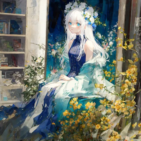 [(white background:1.4)::5], [(transparent background:1.3)::5],
\\
masterpiece,best quality,extremely detailed CG unity 8k wallpaper,white hair,long_hair,hair glass flower,Cyan eyes,small breasts,ink and wash painting,blue theme,trench_coat,glass land,1girl,flat shading,upper body,bare shoulders,hidden hands,beautiful eyes,full body,sitting,