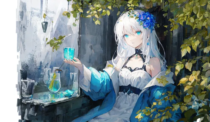 [(white background:1.4)::5], [(transparent background:1.3)::5], \\ masterpiece,best quality,extremely detailed CG unity 8k wallpaper,white hair,long_hair,hair glass flower,Cyan eyes,small breasts,ink and wash painting,blue theme,trench_coat,glass land,1girl,flat shading,upper body,bare shoulders,hidden hands,beautiful eyes,full body,sitting,