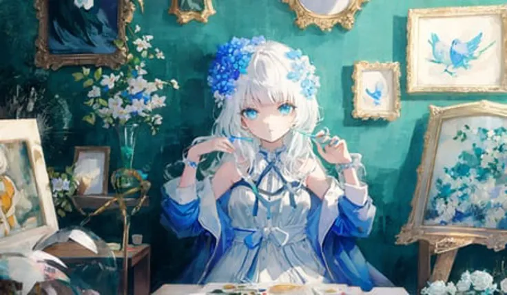 [(white background:1.4)::5], [(transparent background:1.3)::5],
\\
masterpiece,best quality,extremely detailed CG unity 8k wallpaper,white hair,long_hair,hair glass flower,Cyan eyes,small breasts,ink and wash painting,blue theme,trench_coat,glass land,1girl,flat shading,upper body,bare shoulders,hidden hands,beautiful eyes,full body,sitting,