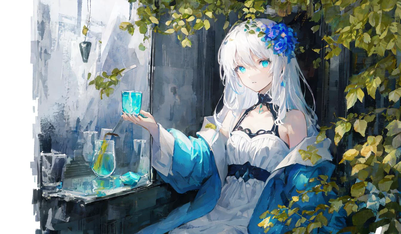 [(white background:1.4)::5], [(transparent background:1.3)::5], \\ masterpiece,best quality,extremely detailed CG unity 8k wallpaper,white hair,long_hair,hair glass flower,Cyan eyes,small breasts,ink and wash painting,blue theme,trench_coat,glass land,1girl,flat shading,upper body,bare shoulders,hidden hands,beautiful eyes,full body,sitting,