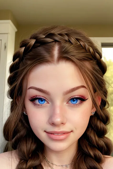 (style of Asher Brown Durand:1.15), <lora:sd15_McKennaBull_locon_24_v1:.9> McKennaBull blue eyes, focus on eyes, close up on face, smile, wearing jewelry, dark tomato hair styled as half-up braid,