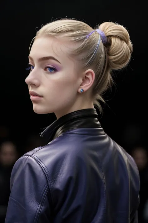 close range of photo of <lora:sd15_McKennaBull_locon_24_v1:.9> McKennaBull blonde hair, focus on face, from behind wearing a leather jacket , her violet-blue color hair is styled as ballerina bun,