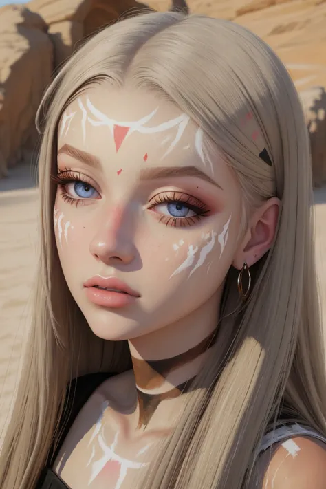 (oil painting:1.2) of <lora:sd15_McKennaBull_locon_24_v1:.9> McKennaBull, close up on face, focus on eyes, (desert face paint:1.2)
