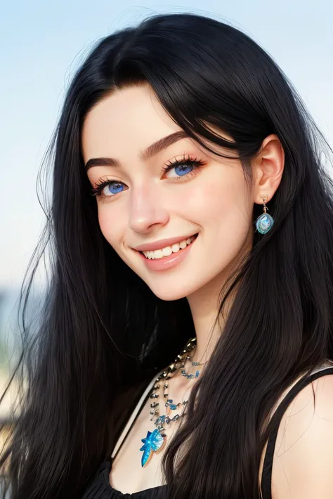 (generative art style, algorithmic, complex, patterned, detailed:1.15), <lora:sd15_McKennaBull_locon_24_v1:.9> McKennaBull black hair , focus on eyes, close up on face, huge smile, wearing jewelry, hair styled as textured layers hair,