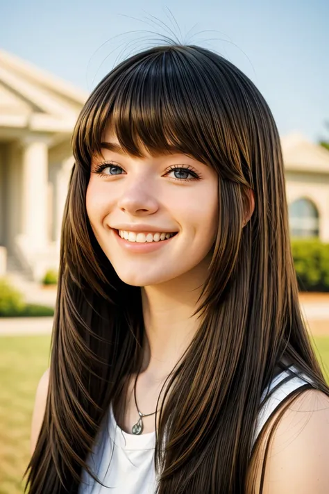 (establishing shot:1.2), <lora:sd15_McKennaBull_locon_24_v1:.9> McKennaBull_. smile, hair styled as straight with bangs hair