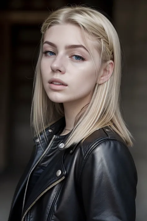 headshot of photo of <lora:sd15_McKennaBull_locon_24_v1:.9> McKennaBull blonde hair, focus on face, wearing a leather jacket , her hair is styled as Straight Wet Look,