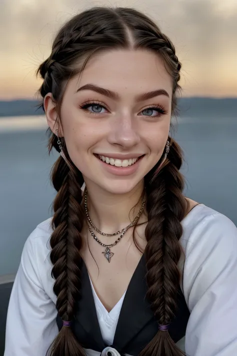 hyperrealistic rendition, ultra detailed, realistic, high definition, photo of <lora:sd15_McKennaBull_locon_24_v1:.9> McKennaBull black hair, focus on eyes, close up on face, grinning, wearing jewelry, Russet color hair styled as french fishtail braid,