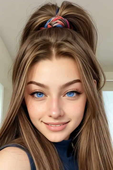 (generative art style, algorithmic, complex, patterned, detailed:1.15), <lora:sd15_McKennaBull_locon_24_v1:.9> McKennaBull brown hair blue eyes, focus on eyes, close up on face, smiling, hair styled as twisted ponytail,