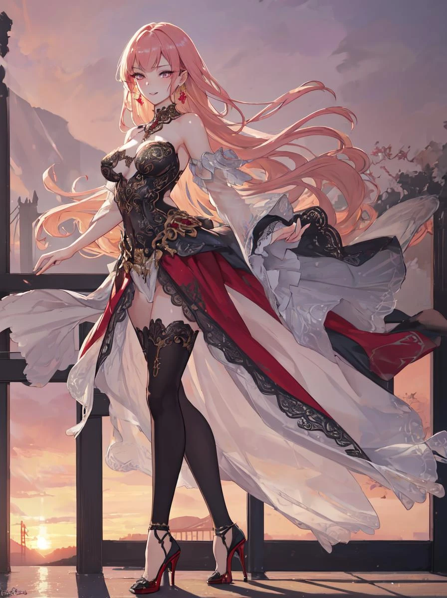 1 girl, Lip bite, winking, earrings, glossy, blushing, crossed fingers, high heels, thigh highs, medium breasts, full body, red high heels, shortstack, (masterpiece:1.2, best quality), (finely detailed beautiful eyes: 1.2), (detailed background,dark fantasy), (beautiful detailed face), high contrast, (best illumination, an extremely delicate and beautiful), ((cinematic light)), colorful, hyper detail, dramatic light, intricate details, depth of field, cinematic, hand with five delicate fingers, (perfect anatomy), (correct limb), covered, standing, spinning, wind flowing, posing, shy, golden gate behind, blushing, sunset time, 20 year old woman,