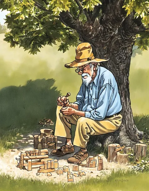 An old man whittling a wooden toy under a shade tree. <lora:Sven Nordqvist XL LoRA v1-0:1.2>