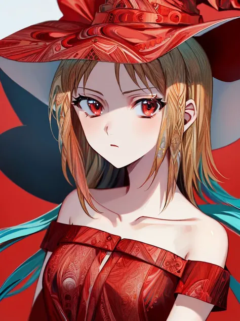 (masterpiece, best quality:1.2), simple background, red background, upper body, solo, 1girl, expressionless, looking at viewer, witch hat, red dress, strapless, collarbone, bare shoulders <lyco:style_yadunadu-20:1.1>