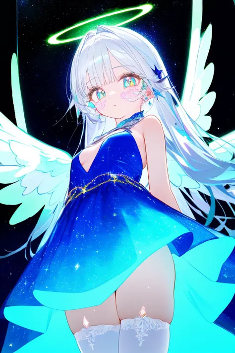 best quality, masterpiece, ultra-detaile, illustration, detailed light, an extremely delicate and beautiful, solo, (cowboy shot), (a beautiful girl), (small_breasts), (looking at viewer), (galaxy adorns colorful wings), (starry_wings, galaxy_wings), (Glowing line tattoos), (galaxy adorns colorful dress), (stocking), (Glowing halo), (beautiful eyes), white hair, (white background), (border), (standding)