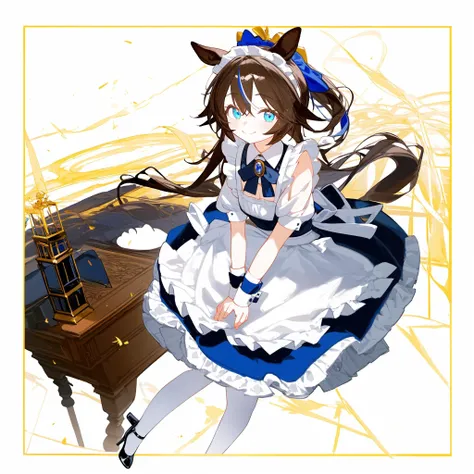 1girl, tokai_teio_(umamusume), maid, solo, smile, one_eye_closed, blue_eyes, long_hair, brown_hair, streaked_hair, horse_ears, horse_tail, wrist_cuffs, maid_apron, maid_headdress, apron, black_skirt, skirt small_breasts, arm_garter, frills, center_frills, high_heels, white_legwear, index_finger_raised, full_body, simple_background,best quality,amazing quality,very aesthetic,absurdres,