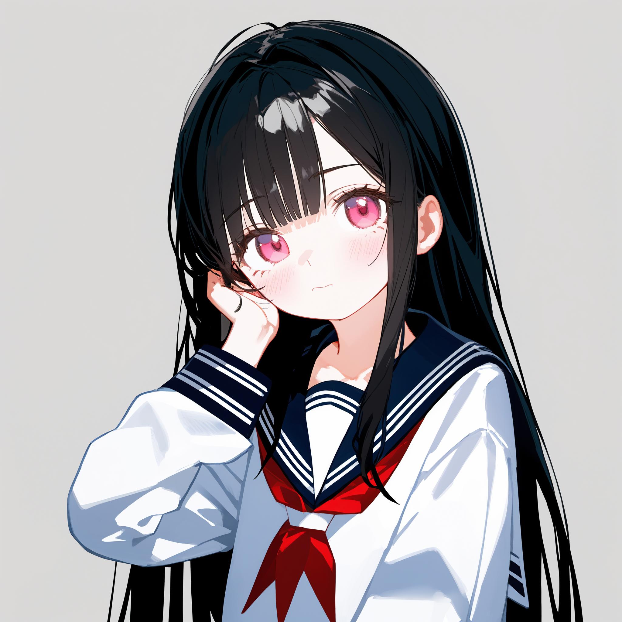 Anime girl with long black hair and red eyes in a sailor outfit - SeaArt AI