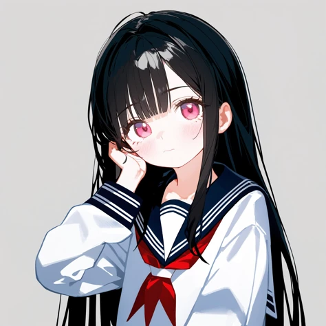 1girl, solo, long hair, red neckerchief, black hair, neckerchief, simple background, school uniform, grey background, sailor collar, serafuku, upper body, looking at viewer, long sleeves, black sailor collar, hand on own face, shirt, pink eyes, head tilt, white shirt, bangs, closed mouth