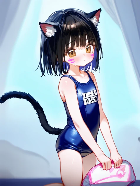 1girl, cat girl, solo, brown eyes, whisker markings, cat ears, animal ear fluff, animal ears, cat tail, tail raised, bangs, black hair, blush, closed mouth, collarbone, school swimsuit, one-piece swimsuit, name tag, holding, old school swimsuit,best quality,amazing quality,very aesthetic,absurdres,