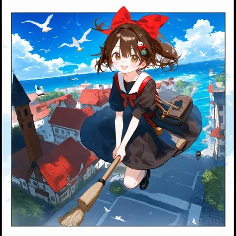 majo_no_takkyuubin, jiji_(majo_no_takkyuubin), kiki_(majo_no_takkyuubin), 1girl, straight_hair, open_mouth, smile, looking_at_viewer, brown_hair, hair_ornament, red_bow, brown_eyes, brown_dress, day dress, short_sleeves, broom_riding, flying, black_cat, red_bag, messenger_bag, outside_border, cloudy_sky, cloud, dutch_angle, seagull, sky, white_border, cityscape, ocean, border,best quality,amazing quality,very aesthetic,absurdres,