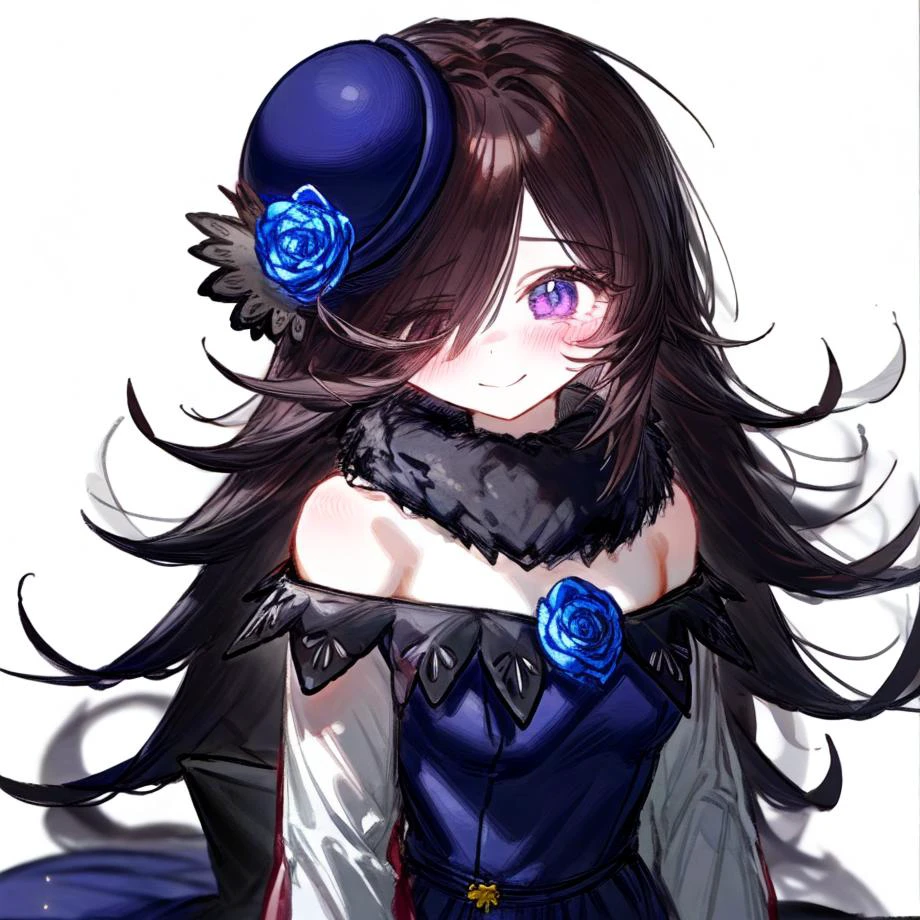 (masterpiece, normal quality),rice shower \(umamusume\),
looking at viewer,1girl,solo,
simple background,from front,face focus,
blue headwear,tilted headwear,hat flower,blue rose,long sleeves,purple sleeves,sleeves past wrists,fur collar,off-shoulder dress,bare shoulders,blue dress,
hand on own chest,
smile,happy,closed mouth,blush,(full-face blush:1.3),
<lora:BlackSouls:0.8>,<lora:add_detail(ç»èå¾®è°):1>,<lora:泼墨 ink splash_v1:0.3>,<lyco:rice_shower_loha-000007:1>,
