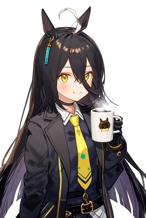 best quality,=,
1girl,solo,standing,light smile,<lora:manhattan_cafe_loha-000008:0.75>,manhattan cafe \(umamusume\),black choker,black gloves,long sleeves,collared shirt,yellow necktie,black vest,black coat,belt,holding,holding coffee mug,upper body,mature,
