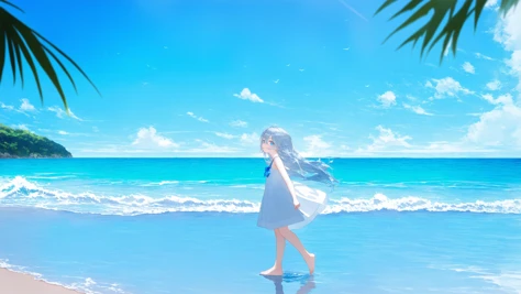 outdoors, blue sky, ocean, waves, beach, 1girl, solo, long hair, hair between eyes, silver hair, blue eyes, parted lips, bare shoulders barefoot, white dress, dress, sky sleeveless, sleeveless dress, reflection, walking, looking at viewer, from side,best quality, amazing quality, very aesthetic, absurdres,Bokeh,