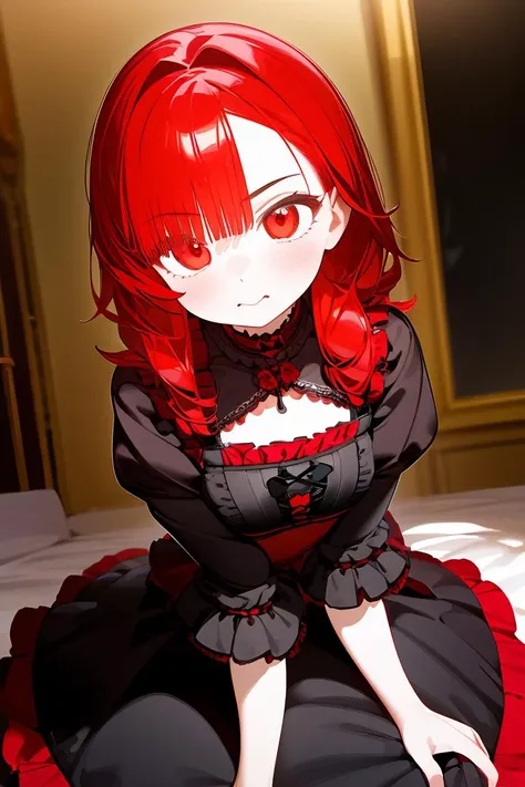 (masterpiece, best quality), 1girl, red hair, medium chest, gothic frill dress, pervert face,