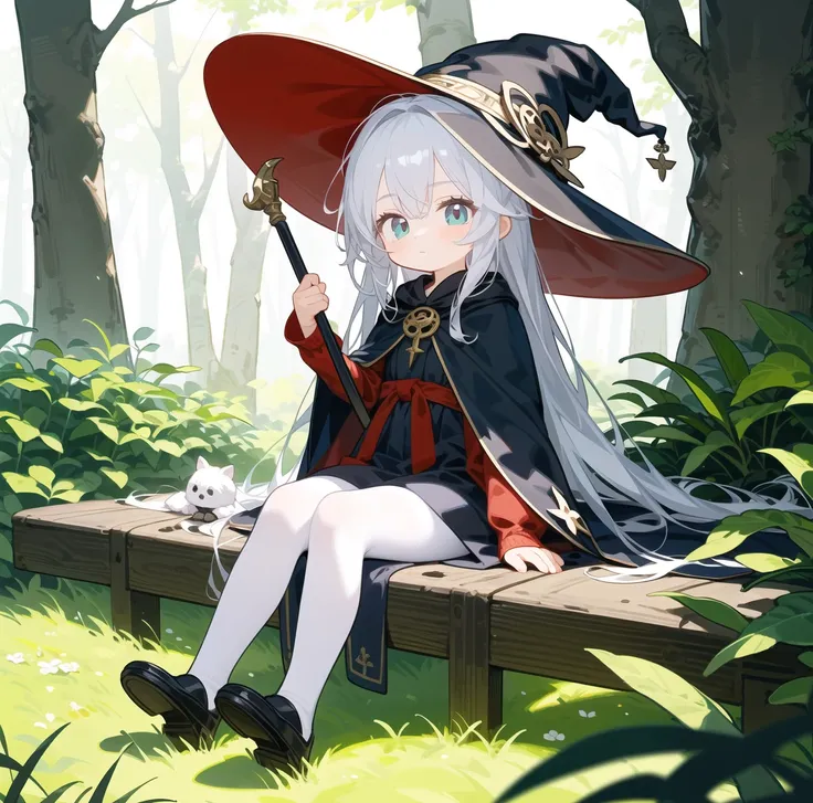 aged down, 1girl,long hair,expressionless, full body, forest, ,herb, [white pantyhose:0.5],witch hat,witch,holding weapon,cane,cape,<lora:s_slk:1.2>