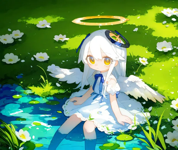 lvzi,1girl, angel, angel wings, blue eyes, dress, expressionless, fish, grass, halo, long hair, looking at viewer, painting \(medium\), solo, surreal, tall grass, traditional media, water, watercolor \(medium\), white dress, white hair, wings, <lora:lvzi-000008:1>