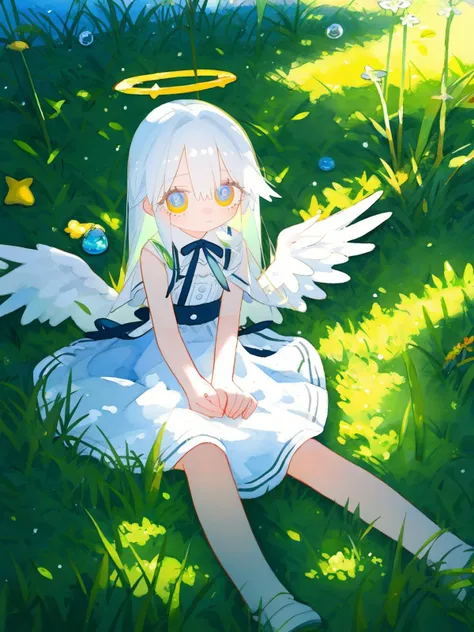 best quality,alter,1girl, angel, angel wings, blue eyes, dress, expressionless, fish, grass, halo, long hair, looking at viewer, painting \(medium\), solo, surreal, tall grass, traditional media, water, watercolor \(medium\), white dress, white hair, wings, <lora:lvzi:1>