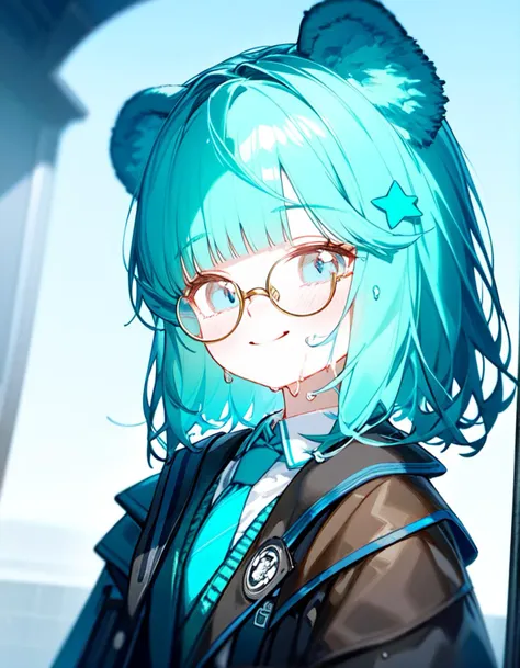 extremely detailed  CG 8k wallpaper,(best illustration),(best shadow),(an extremely delicate and beautiful),dynamic angle,bust shot,portrait,a beautiful Tiffany blue hair girl from Arknights,Istina\(Arknights)\,teenager,solo,extremely detailed face,(bear ears),round glasses,blue eyes,short hair,blunt bangs,extremely detailed skin,staring,smiling,dynamic angle,small breast,brown coat,school uniform,wet clothes,green tie,deep blue skirts,standing,view from front,Arknights,masterpiece,professional lighting.,
<lora:istina_arknights:1>,