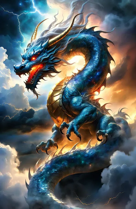 amazing quality, masterpiece, best quality, hyper detailed, ultra detailed, UHD, DOF, depth of field, HDR,( face to the viewer:1.3),
In the sky, the clouds artfully come together, forming the shape of an Eastern dragon with their wispy contours, red, colorful cloud,( storm:1.4), ethereal beauty,
Covered by clouds, looming, full of mystery, star sky, sparking, gold, dazzling, glowing, shine, (background light, hope light:1.1), fog, (fantasy:1.2), (translucent clouds:1.2),
perched on a cloud, mystical sky,( Luis Royo:1.2),
<lora:add-detail-xl:0.75>,
<lora:quality1:0.75>,
<lora:extremely_detailed:1.0>, extremely detailed,
<lora:EnvyInkSwirlXL01:0.75>, swirling ink,
<lora:3dqinglong_xl:0.6>, qinglong, dragon,
SK_Fantasy,