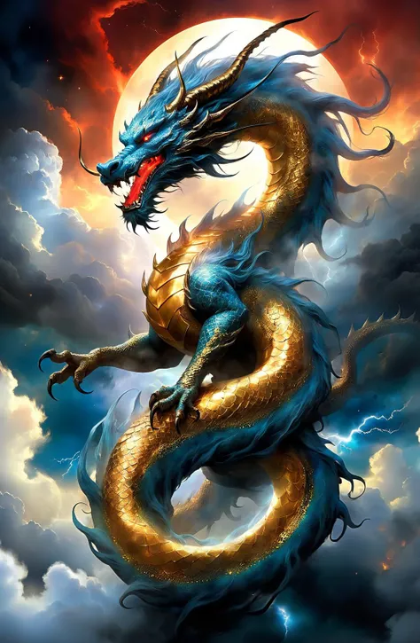 amazing quality, masterpiece, best quality, hyper detailed, ultra detailed, UHD, DOF, depth of field, HDR,( face to the viewer:1.3),
In the sky, the clouds artfully come together, forming the shape of an Eastern dragon with their wispy contours, red, colorful cloud,( storm:1.4), ethereal beauty,
Covered by clouds, looming, full of mystery, star sky, sparking, gold, dazzling, glowing, shine, (background light, hope light:1.1), fog, (fantasy:1.2), (translucent clouds:1.2),
perched on a cloud, mystical sky,( Luis Royo:1.2),
<lora:add-detail-xl:0.75>,
<lora:quality1:0.75>,
<lora:extremely_detailed:1.0>, extremely detailed,
<lora:EnvyInkSwirlXL01:0.75>, swirling ink,
<lora:3dqinglong_xl:0.6>, qinglong, dragon,
SK_Fantasy,