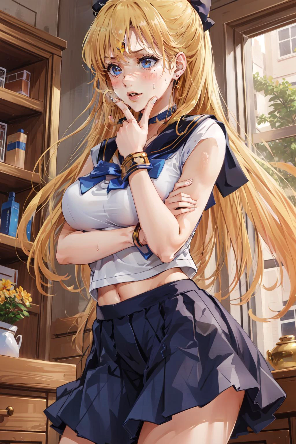 (masterpiece, best quality), intricate details,
1girl, <lora:sailor_venus:0.8> sailor_venus, midriff, fishnets
sweating, boob sweat,
indoors, <lora:thinking_v2_b:0.8> thinking