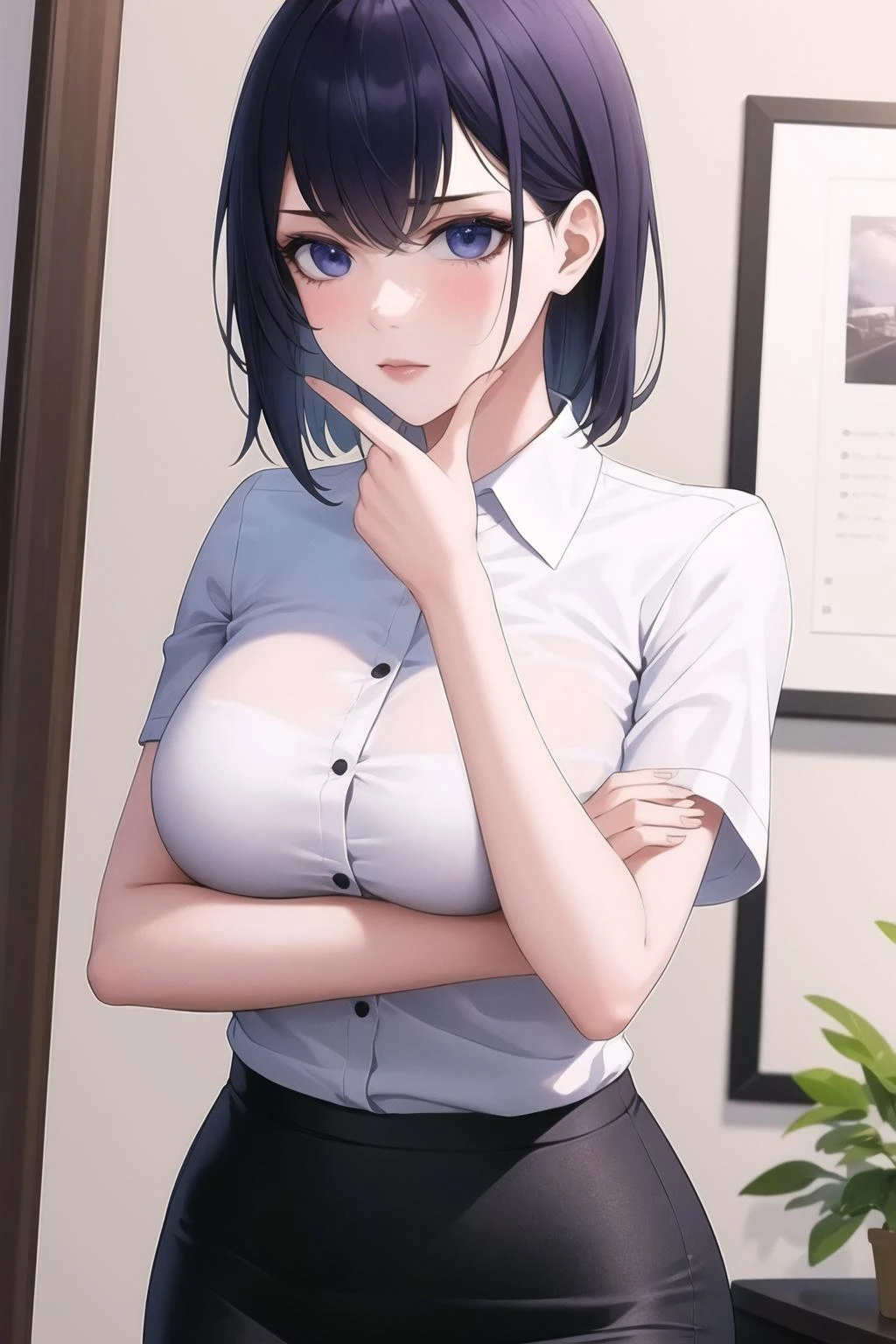 thinking, masterpiece, 1girl, pencil skirt, white shirt, short sleeves, office lady, <lora:thinking_v2_b:0.8>