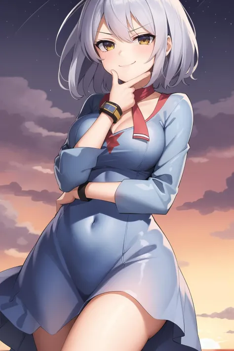 thinking, masterpiece, highest quality, 1girl, short hair, smug, smile dress, nalcony, sunset, dawn, twilight, <lora:thinking_v2_b:0.8>