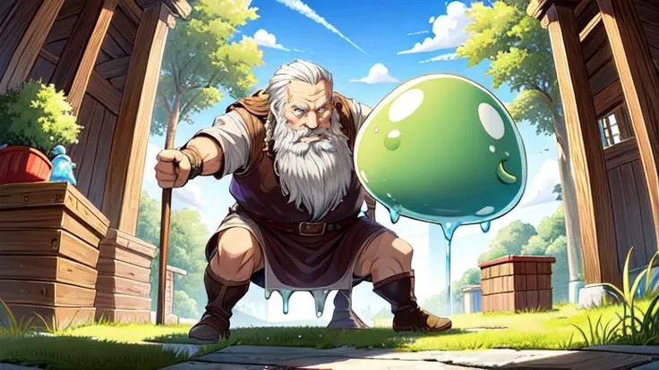 masterpiece, best quality, high resolution, sharp lines, natural lighting, dungeon, (Dwarf are attacking slime)
