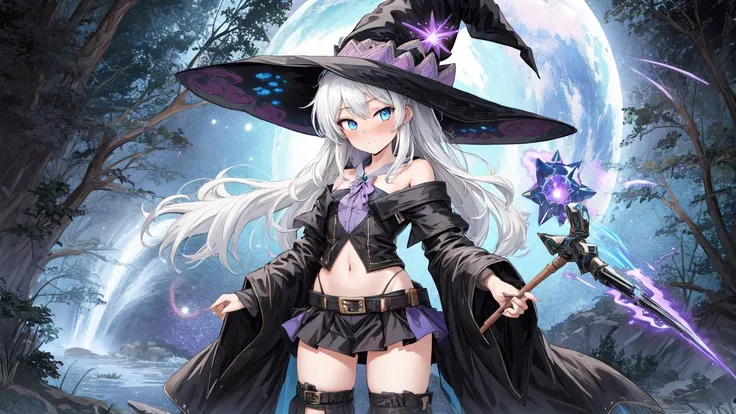 (Only one girl:1.8),Extremely detailed CG unified 8k wallpaper, Very beautiful 8KCG wallpaper, best quality ,Ultra Detailed ,Pretty Face ,masterpiece、Top image quality、Top quality、(White hair:1.5)、(Witch Costume:1.6)、(Black witch hat:1.5)、Light blue eyes,(Background is starry sky:1.5),Open chest,Big Breasts,Big nipples,The nipple is prominent inside,White bra,Transparent bra,The areola is large,Areola exposure,Wearing suspender black silk,Black stockings,Bare belly,(There are pink tattoos on the abdomen:1.5),(Arms behind the back so they are invisible:1.8),Draw a prominent nose