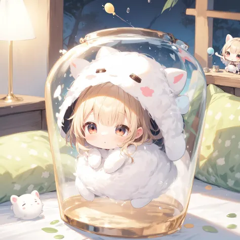 best quality, absurdres, high resolution,
cute, (chibi:1.3), (full body), (drooping eyes:1.3),
chibi in cushion filled glass jar,
round animal costume, fuwafuwa, sleeping girl, sleeping chibi, sleep, in night, moonlight,
