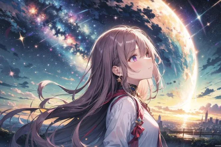 absurdres, highres, (official art, beautiful and aesthetic:1.2), close view,
1girl, shining sky, vast world, gazing, awe-inspiring expression, distant horizon, clouds, high hill, natural beauty, inspiration, night sky, Shining Stars,